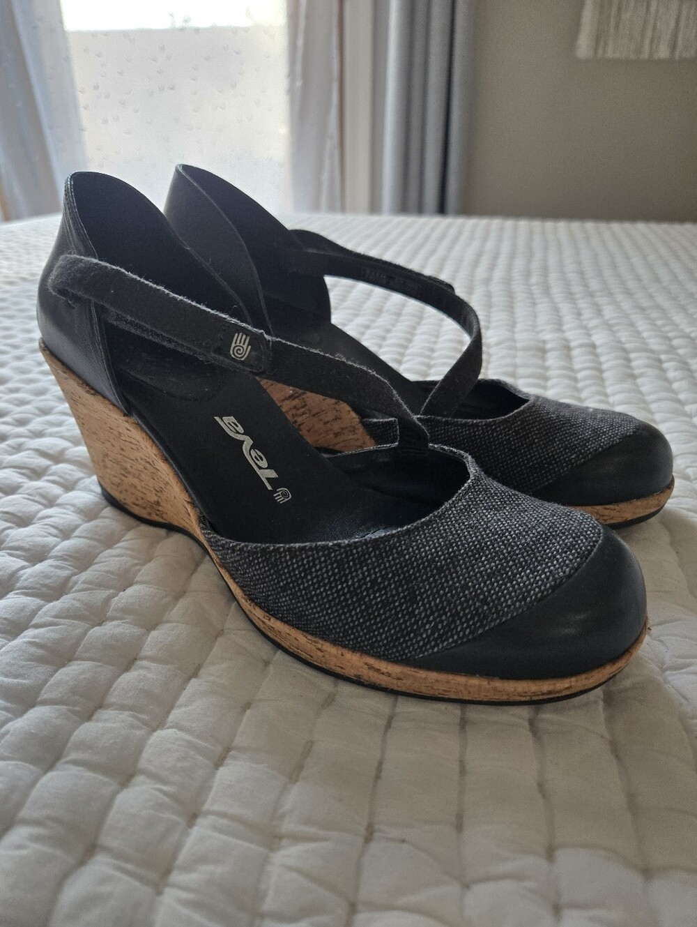 Teva Black Wedge Mary Jane with Cork Platform Size 8.5